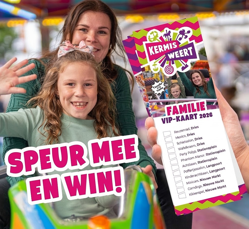 Poster met tekst 'Speur mee en win!' en een moeder en dochter met VIP-kaart. (Klik om de foto te vergroten).